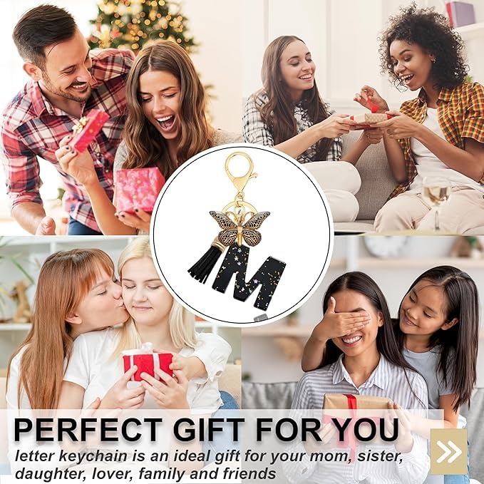 El Regalo Personalized Name Initials Butterfly Charm Keychain - Name Letter Keyring with Black & Golden Tassel & Butterfly Pendant, Purse, Bag, Backpack Accessory (M Letter)