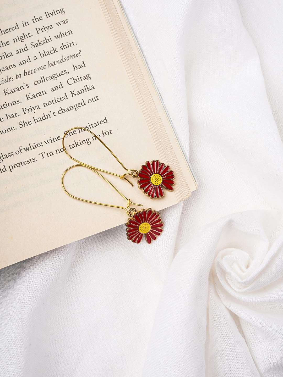 El Regalo Beautiful Enamel Flowers Long Hook Earrings for Women/Girls - Delicate Cute Flowers Charms Hook Earrings (Red Flower)