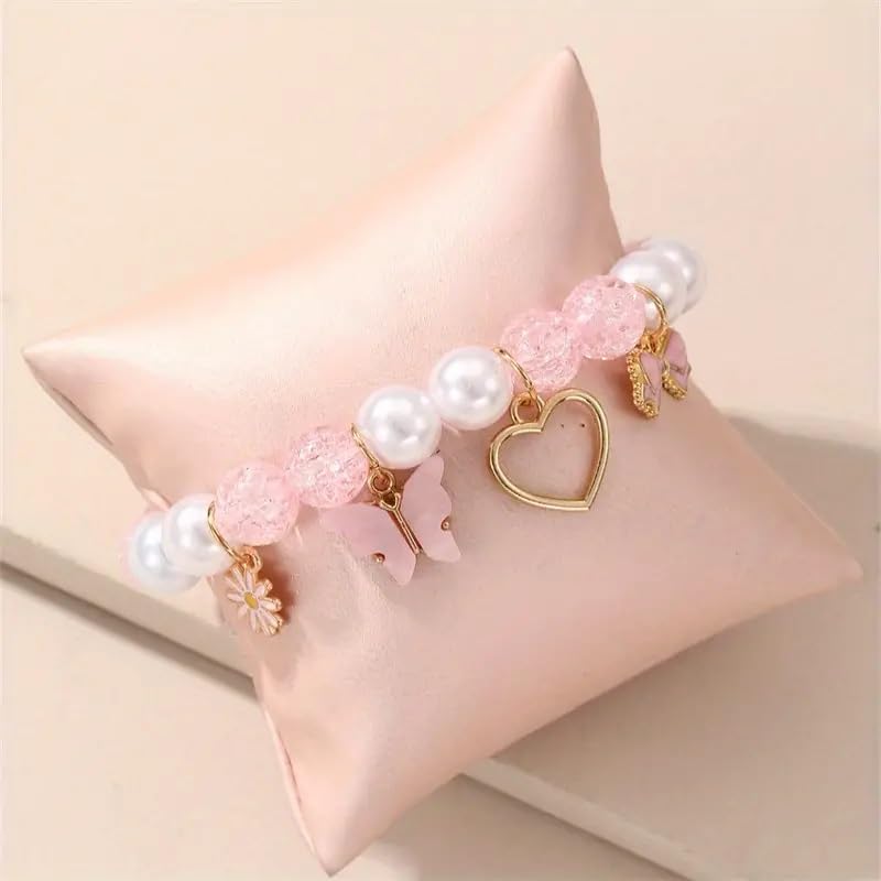 El Regalo 1PC Butterfly, Love Heart, Bow, Flower Charms Crystals Beads Bracelet for Girls - Fashion Bracelets for Girls/Women (Pink)