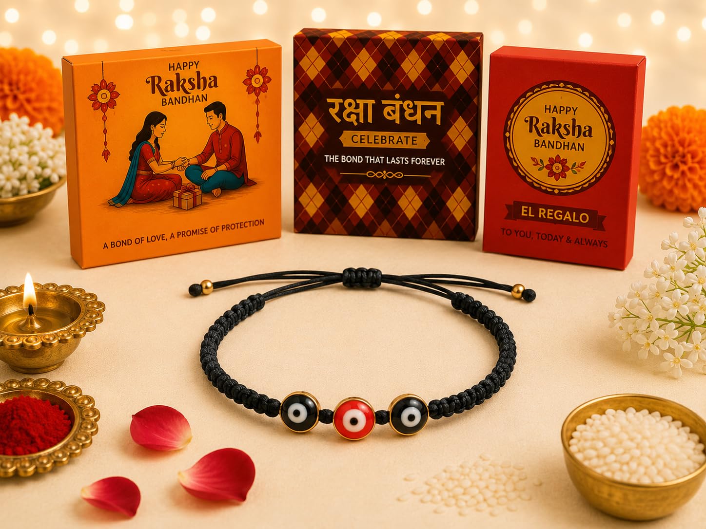 El Regalo Evil Eye Rakhi for Brother Wrapped on Raksha Bandhan Card with Roli Chawal in Gift Box
