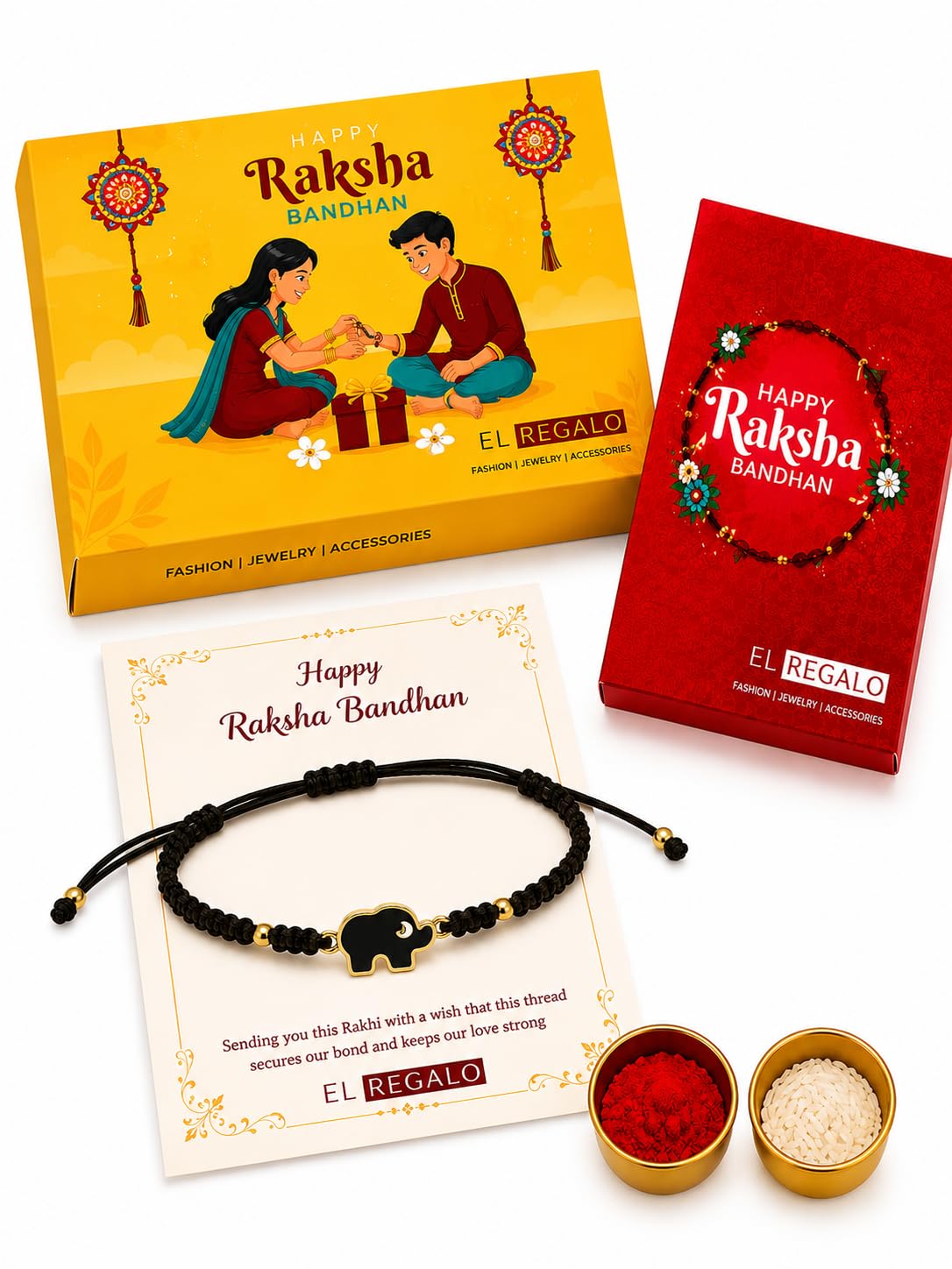 El Regalo 1PC Elephant Evil Eye Rakhi for Brother with & Message Card in Gift Box (Black Elephant Black Rakhi)