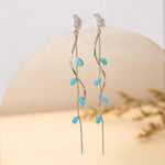 El Regalo Long Copper Zirconia Rhinestone Leaf Drop Dangle Earrings for Women | Korean Style Vine Fringe Earrings | Classy Party, Wedding & Casual Earrings Jewelry (Turquoise Blue)