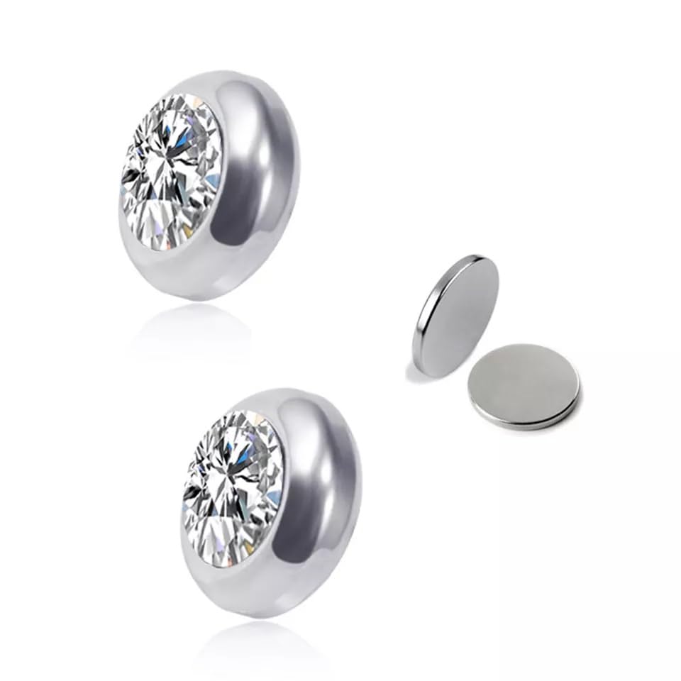 El Regalo 2 Pairs Non-Pierced CZ Magnetic Clip-On Unisex Earrings for Men/Women/Girls/Boys - Colorful CZ Fake Crystal Ear Stud Earrings (Blue & White)