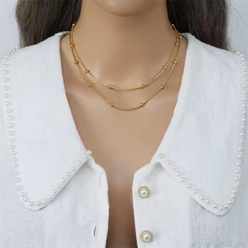 El Regalo Stainless Steel Double Layers Satellite Beads Chain Necklace- Anti Tarnish, Waterproof Golden Beads Station Chain Necklace for Women Girls