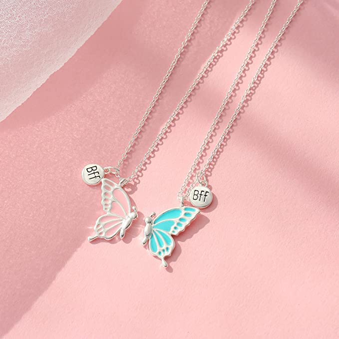 El Regalo Cute BFF Necklaces for 2, Enamel Butterfly Friendship Necklace for Teen Girls Women - Gift for Best Friends/Besties/Sisters (Silver)