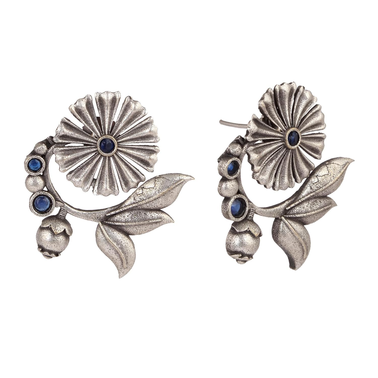 El Regalo Oxidized Brass Earrings for Women - Silver Lookalike/Silver Replica Floral Leaves Stones Statement earrings for Girls & Women- Handmade Earrings (Blue)