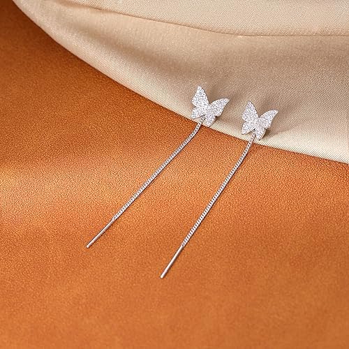 El Regalo CZ Butterfly Threader Chain Earrings for Women, Teen Girls- Butterfly Dangling Earrings- Rhinestone Butterfly Long Tassel Threader Dangle Earrings (Silver)