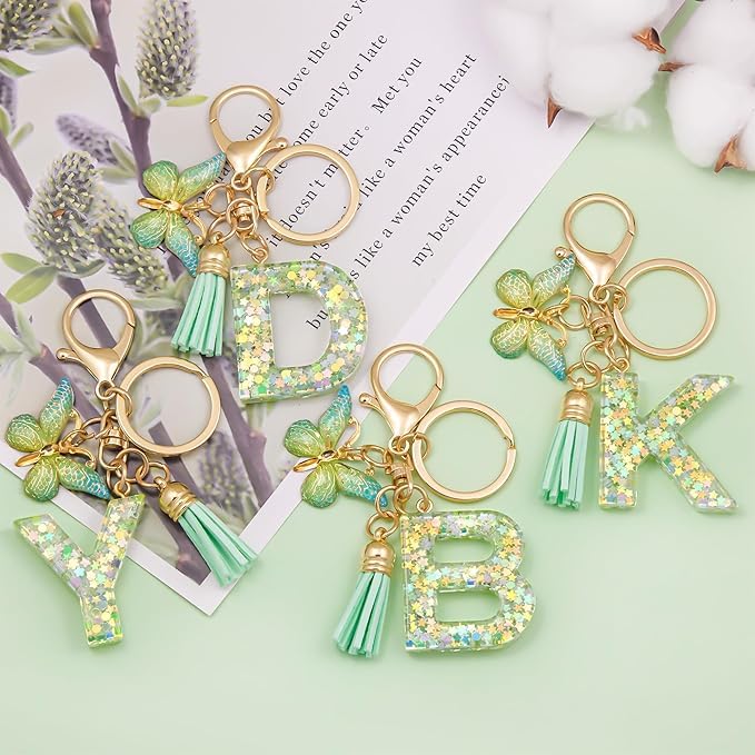 El Regalo Personalized Name Initials Butterfly Charm Keychain - Name Letters Keyring with Green Butterfly & Stars Filled Resin & Tassel Pendant, Purse, Bag, Backpack Accessory (Letter B)
