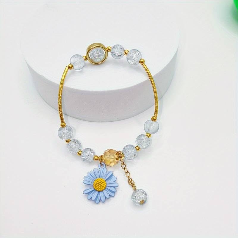El Regalo 1PC Daisy Flower/Sunflower Crackle Beads Stretch Bracelet for Girls & Women- Fancy Floral Bracelets (Blue)