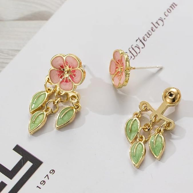 El Regalo Women's & Girl's Vintage European Style Flower Cherry Blossom Ear Jacket Earrings- Front Back Floral Dangle Leaves Stud Earrings