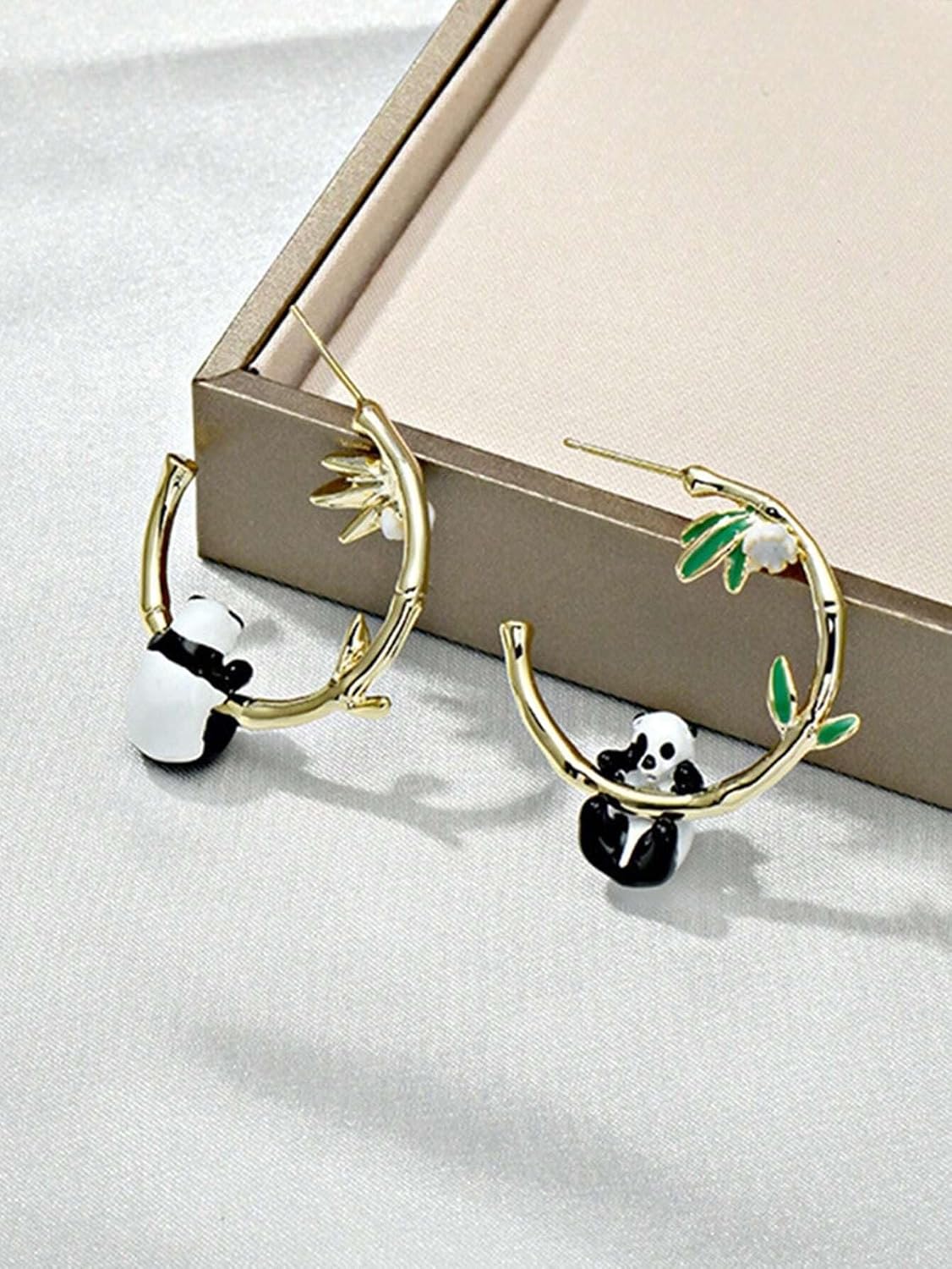 El Regalo Cute Enamelled 3D Panda Bamboo Half Hoop Earrings- Luxury Drip Oil Panda Bamboo Earrings for Women/Girls