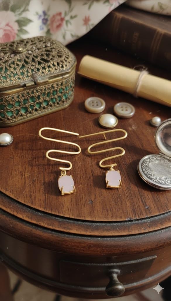 El Regalo Modern Zigzag Brass Statement Drop Earrings for Women & Girls - Contemporary Geometric Handmade Jewelry with Rectangle Stones Drops - Studs for For Western & Ethnic Wear (Rose Pink)