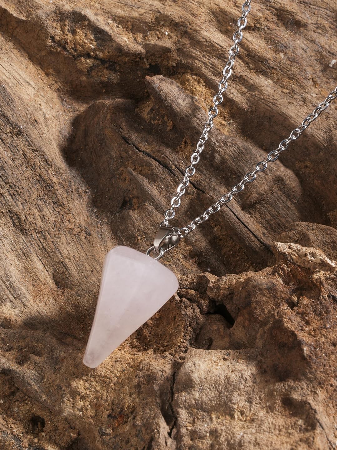 El Regalo 1PC Natural Stones Pointed Pendulum Unisex Pendant Necklace- Natural Healing Stones Peandant Chain Necklaces- Reiki healing/Feng shui (Pink Rose Quartz)