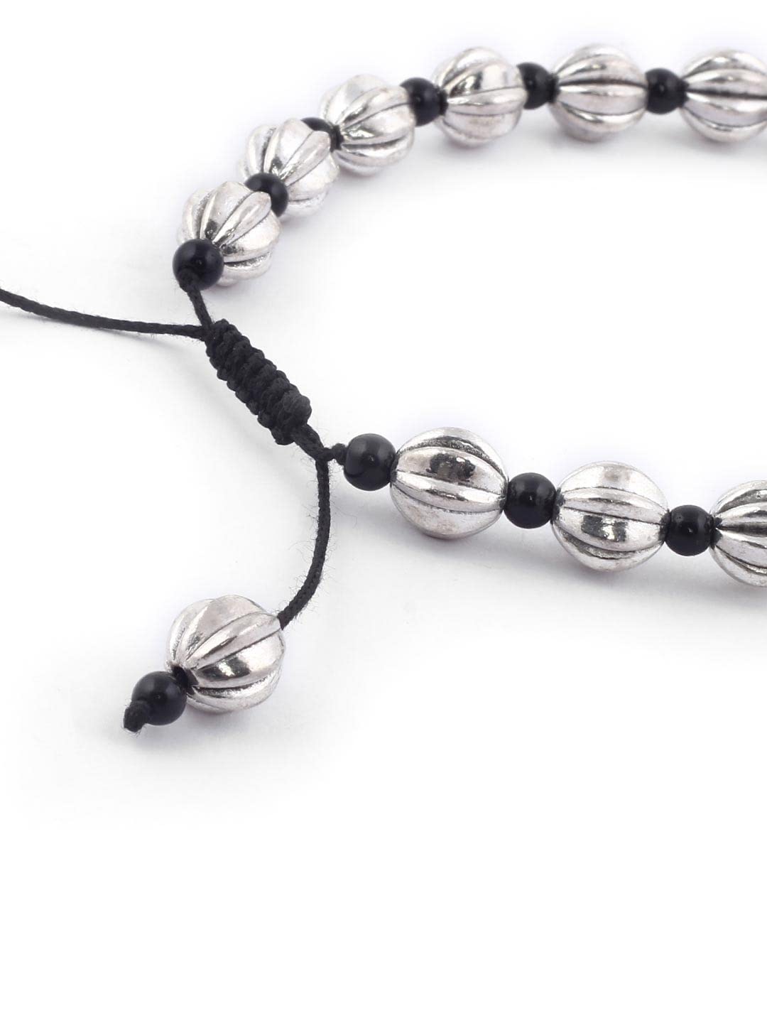 El Regalo 2 PCs Boho Macrame Adjustable Oxidized German Silver Bead Anklet for Girls & Women (Carved Beads)