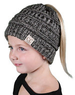 El Regalo Kids' Winter Ponytail Beanie - Messy Bun Ribbed Hat Cap for Girls (2 to 13 Years) - Multi Color Skull Cap With Tail (3 Tone Grey Shades)