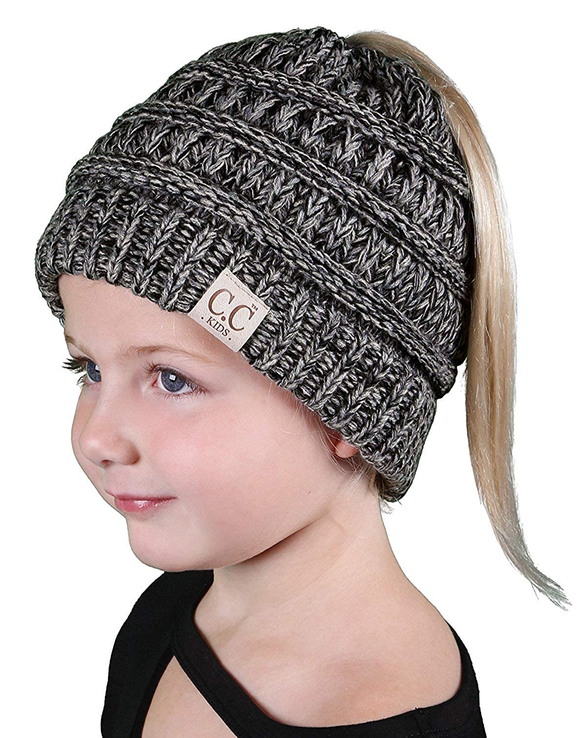 El Regalo Kids' Winter Ponytail Beanie - Messy Bun Ribbed Hat Cap for Girls (2 to 13 Years) - Multi Color Skull Cap With Tail (3 Tone Grey Shades)