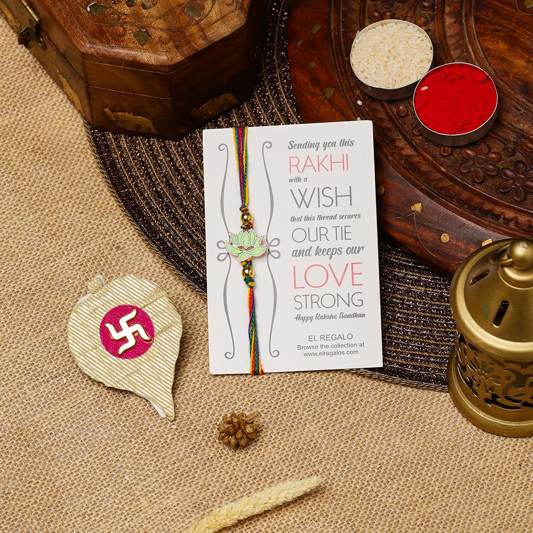 El Regalo 1PC Simple Lotus Flower Rakhi for Brother- Minimalist Lotus Thread Rakhi with Roli Chawal, Rakhi Message Card in Rakhi Gift Box (Option-3)