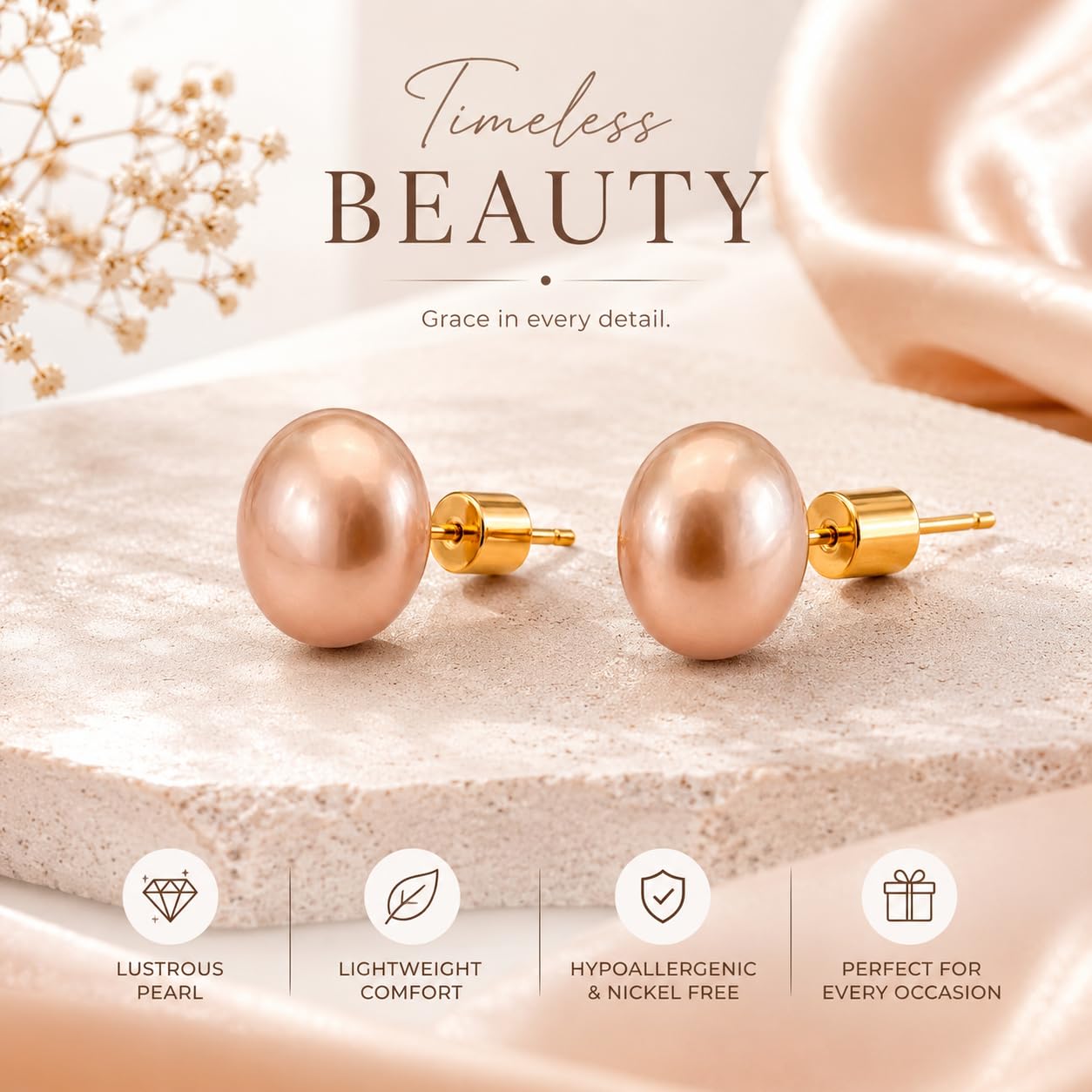 El Regalo Premium Pearl Stud Earrings for Women & Girls | Elegant Champagne Pink Pearl Earrings | Modern Minimalist Timeless Classic Studs | Statement Earrings
