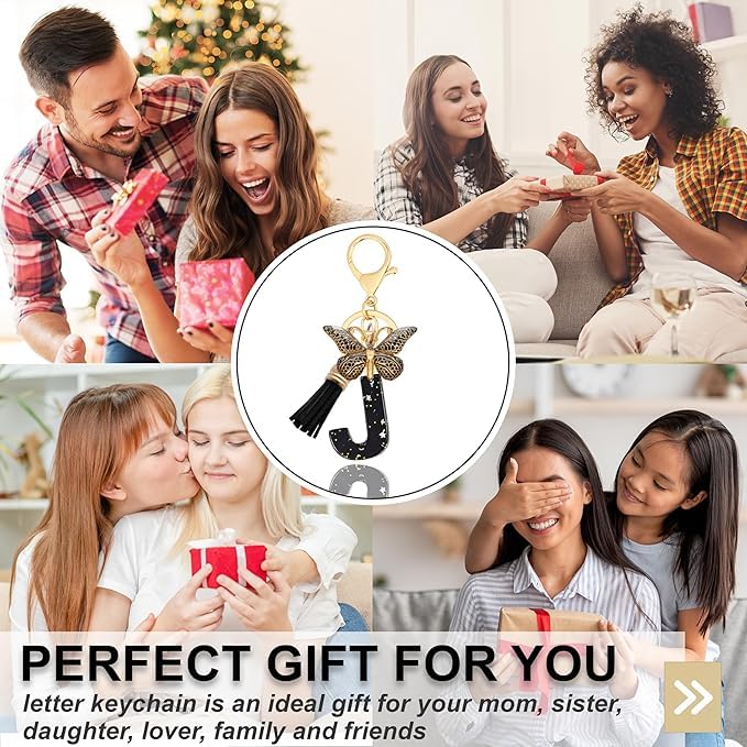 El Regalo Personalized Name Initials Butterfly Charm Keychain - Name Letter Keyring with Black & Golden Tassel & Butterfly Pendant, Purse, Bag, Backpack Accessory (J Letter)