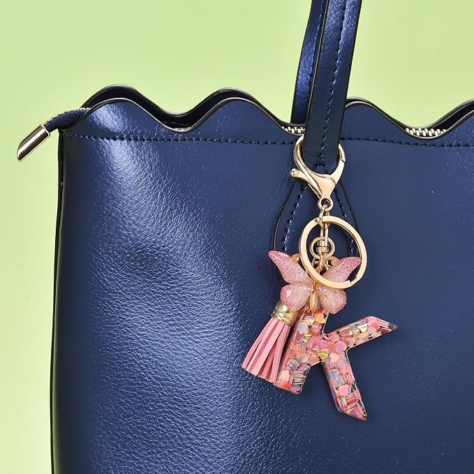 El Regalo Personalized Name Initials Butterfly Charm Keychain - Custom Letter Keyring with Pink Tassel & Butterfly Pendant, Purse, Bag, Backpack Accessory (K Letter)