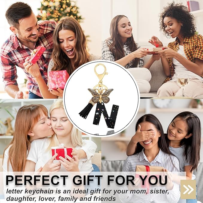 El Regalo Personalized Name Initials Butterfly Charm Keychain - Name Letter Keyring with Black & Golden Tassel & Butterfly Pendant, Purse, Bag, Backpack Accessory (N Letter)