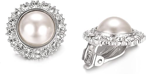 El Regalo Big Pearl Clip On Earrings for Non Pierced Ears- Round Faux Pearl Clip On Fake Non Piercing Earring (CZ Clip On)