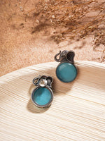 El Regalo 1Pair Oxidized German Silver Ganesha Elephant Stone Stud Earrings- Handcrafted Unique Earrings with Color Stone Options (Light Blue)