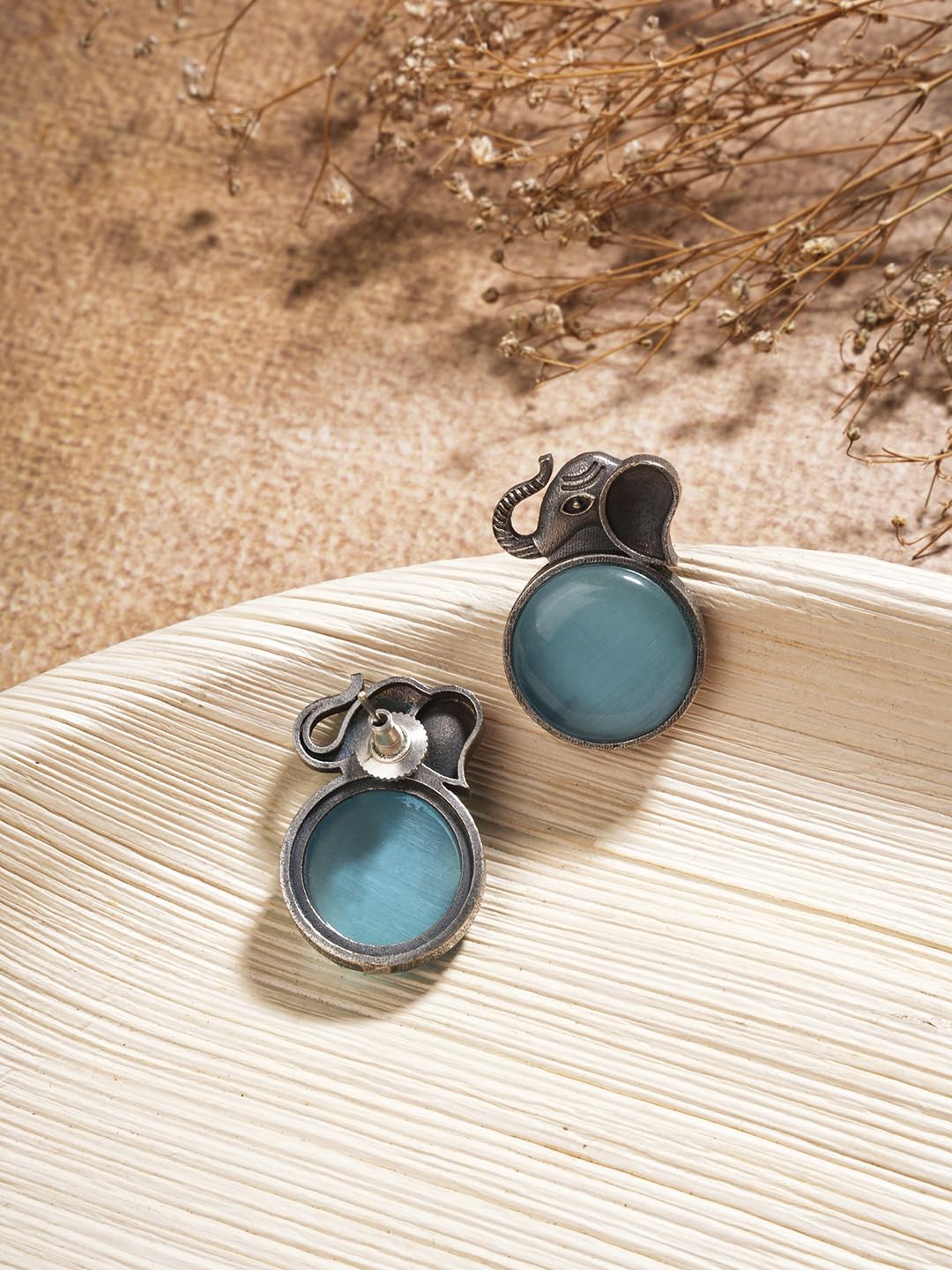 El Regalo 1Pair Oxidized German Silver Ganesha Elephant Stone Stud Earrings- Handcrafted Unique Earrings with Color Stone Options (Light Blue)