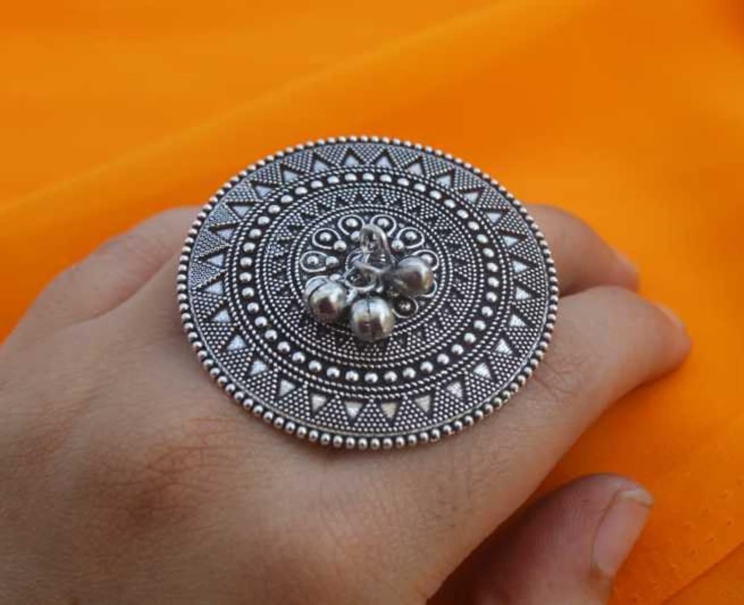 El Regalo Big Oxidized German Silver Ghungroo Adjustable cocktail Finger Ring for Girls & Women