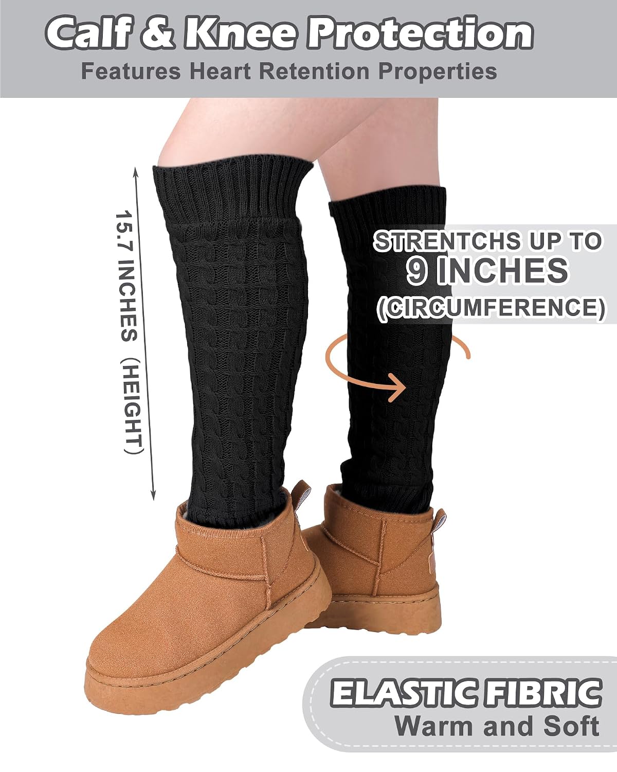 Shihanee 2 Pairs Winter Fleece Lined Leg Warmers for Women Warm Long Boot Socks Knit Thick Calf Warmers for Skating Walking, Black,white, about 15.7 inches x 4.5 inches in length and width