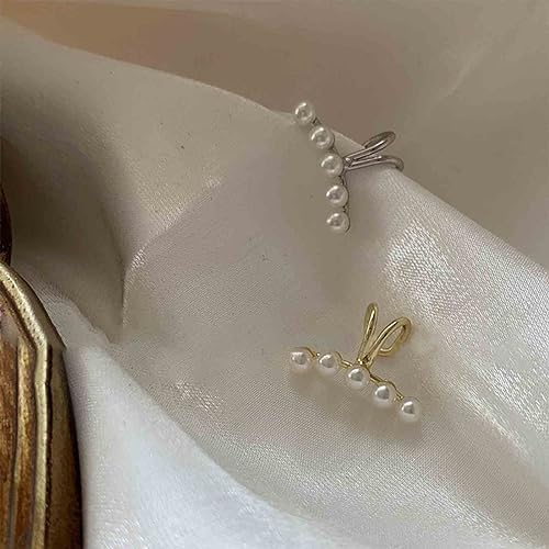 El Regalo 2PCs Tiny Pearl Cuff Cartilage Non-Pierced Clip On Earrings for Girls & Women- Vintage Pearl Clip Earrings (1 Silver+ 1 Golden)