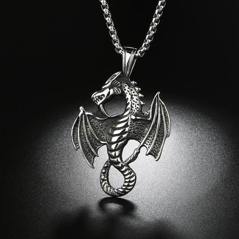 El Regalo Dragon Necklace for Men | Norse Viking Dragon Pendant Necklace with Chain | Gothic Dragon Wings Amulet Necklace | Stainless Steel Fantasy Jewelry for Men & Boys