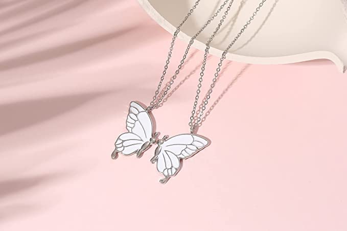 El Regalo 2 PCs Best Friend Butterfly Necklaces for Girls- Matching Butterfly Pendant Necklace Set BFF Friendship Necklace, Dainty Jewelry Gifts for Women Teen Girls (Silver BF Butterfly)