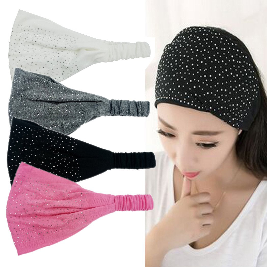 El Regalo Rhinestone Elastic Bandana Wide Sports Headband/Hair Band for Women & Girls (Black)
