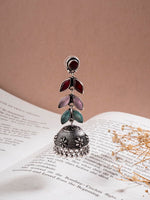 El Regalo Elegant Oxidized Stones Leaves Brass Jhumka Earrings- Silver Lookalike Ethnic Long Jhumki Earrings for Women Girls (Multi)