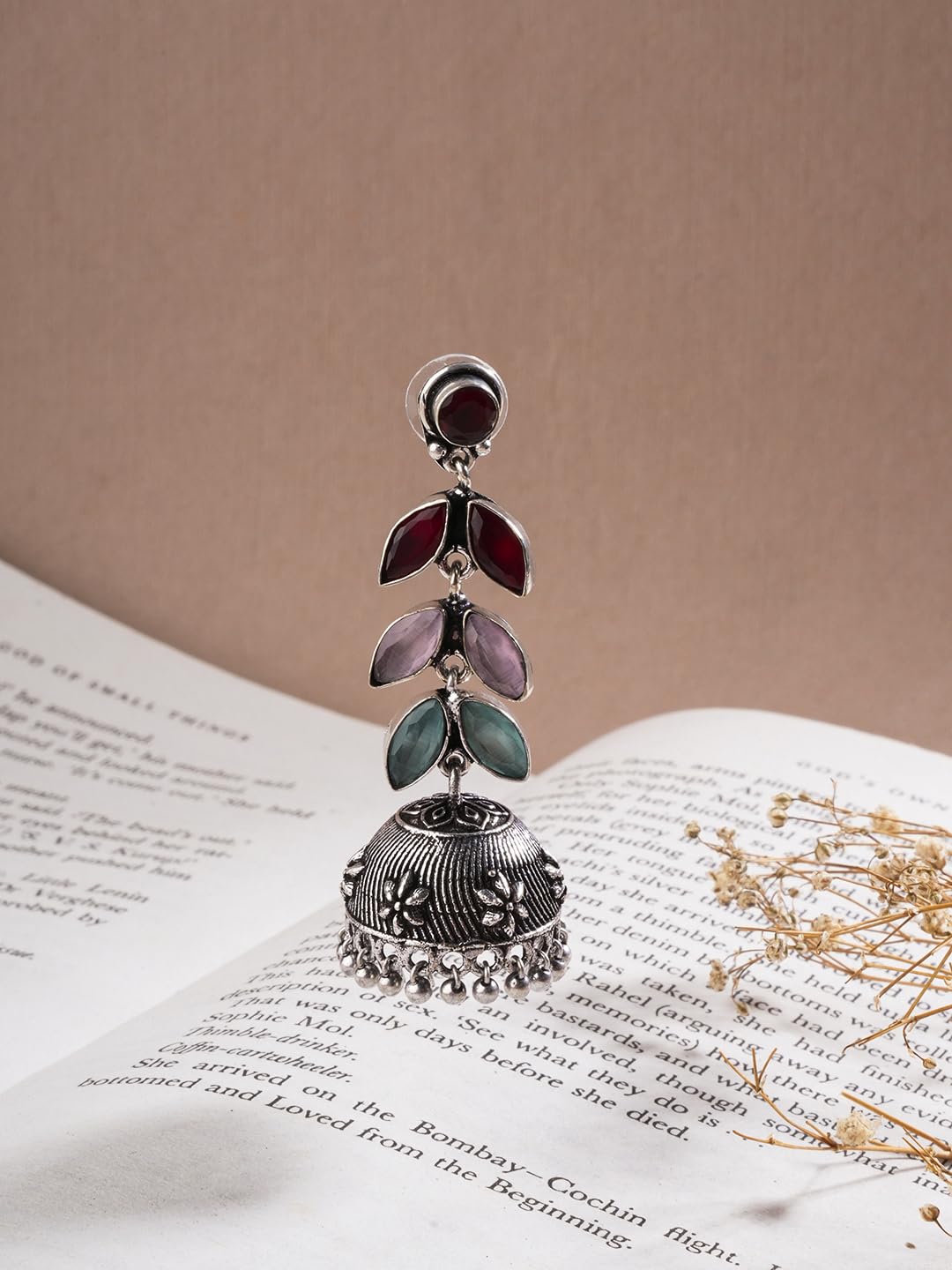El Regalo Elegant Oxidized Stones Leaves Brass Jhumka Earrings- Silver Lookalike Ethnic Long Jhumki Earrings for Women Girls (Multi)