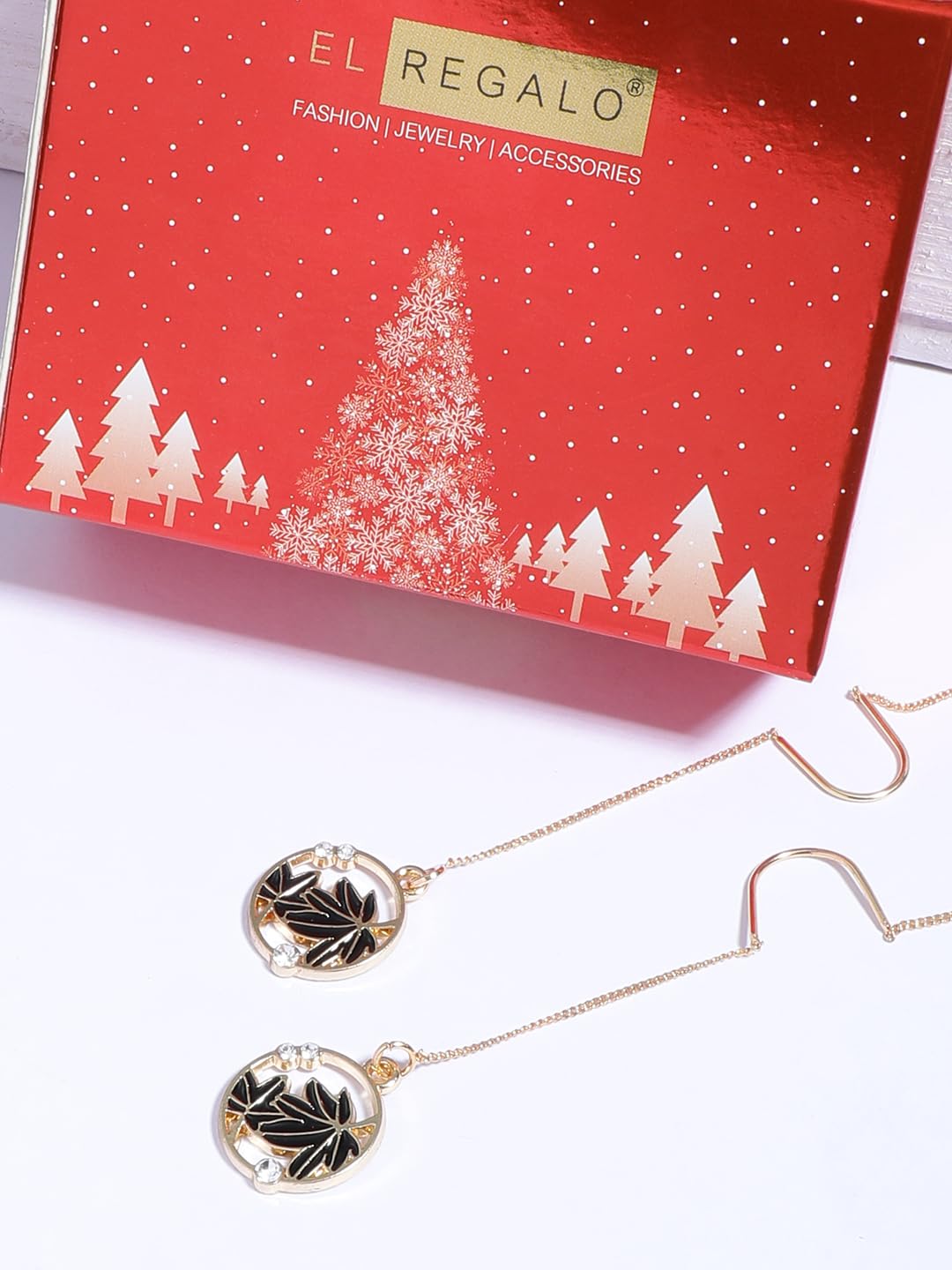 El Regalo 1 Pair Leaves Threader Earrings for Girls & Women- Statement Long Tassel Threader Earrings- Gift for Her (Black)