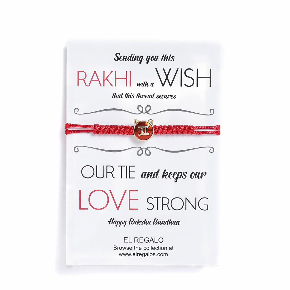 El Regalo 1 PC Zodiac Signs/Sun Signs Red Thread Bracelet Rakhi for Bhai/Brother/Niece or Nephew - Zodiac Sign Rakhi, Roli-Chawal Shagun, Rakhi Message Card in Rakhi Box (Gemini Rakhi)