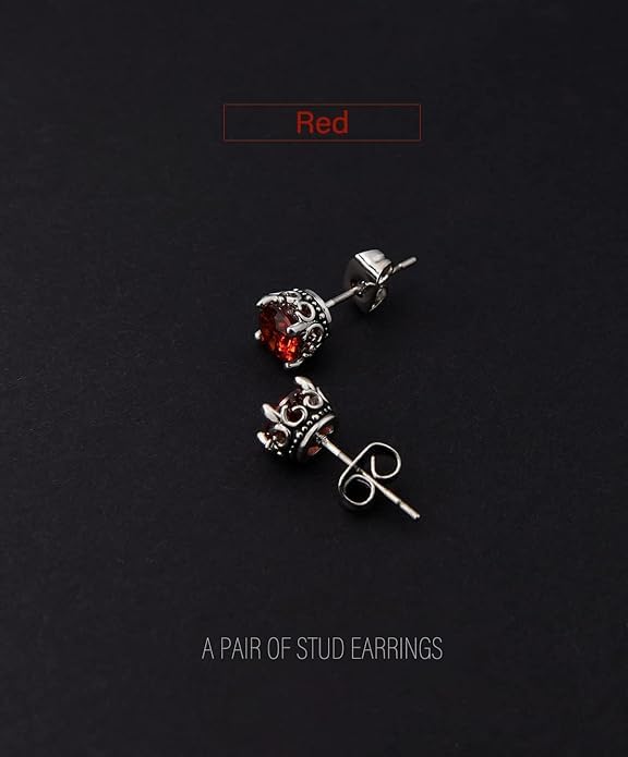 El Regalo Unisex Retro Vintage Garnet Red Stones Stud Earrings - Stainless Steel CZ Crown Earrings, Hypoallergenic 316L Stainless Steel, Red Crystal Earrings, Simulated Garnet, 6mm Studs