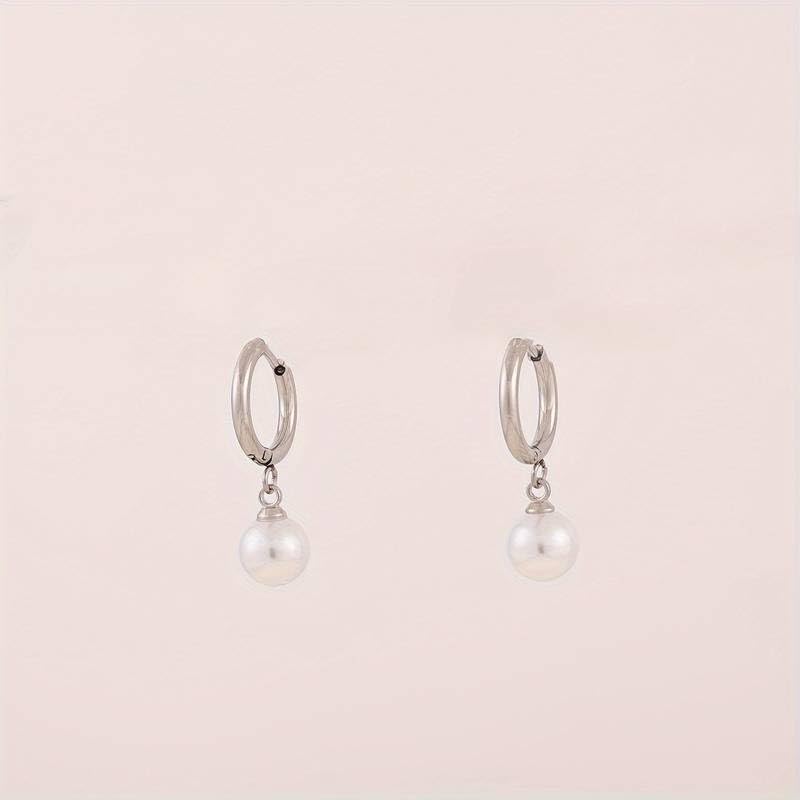 El Regalo Stainless Steel Pearl Hoop Earrings- Anti-Tarnish Small Pearl Drop Huggie Hoop Bali Earrings for Girls & Women (Silver)