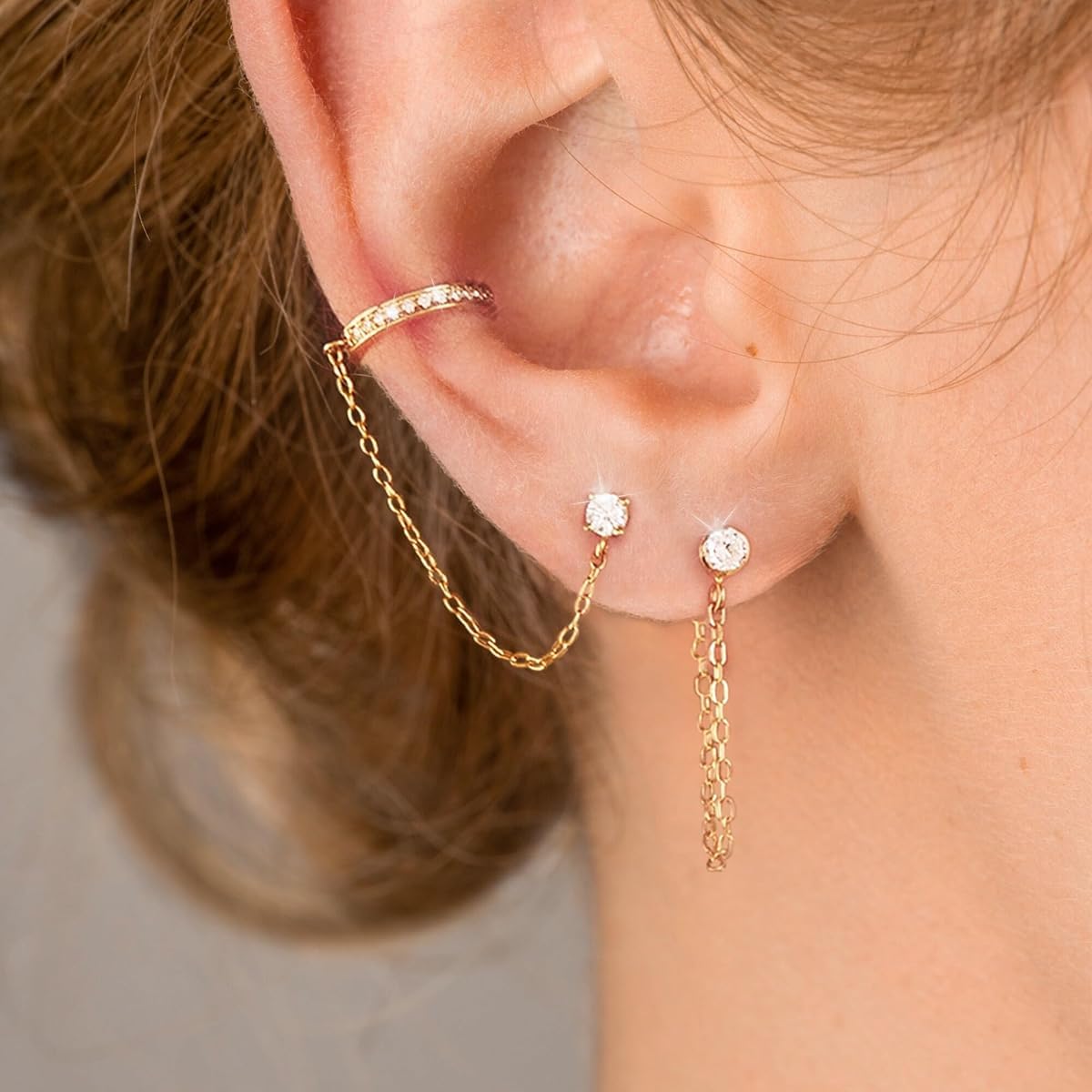El Regalo Gold Toned Cubic Zirconia Ear Cuff and Stud Earrings Set for Women & Girls | Elegant Cartilage Wrap with Chain Link & CZ Crystal Studs | Non-Pierced Ear Cuff Jewelry Combo | Gift for Her