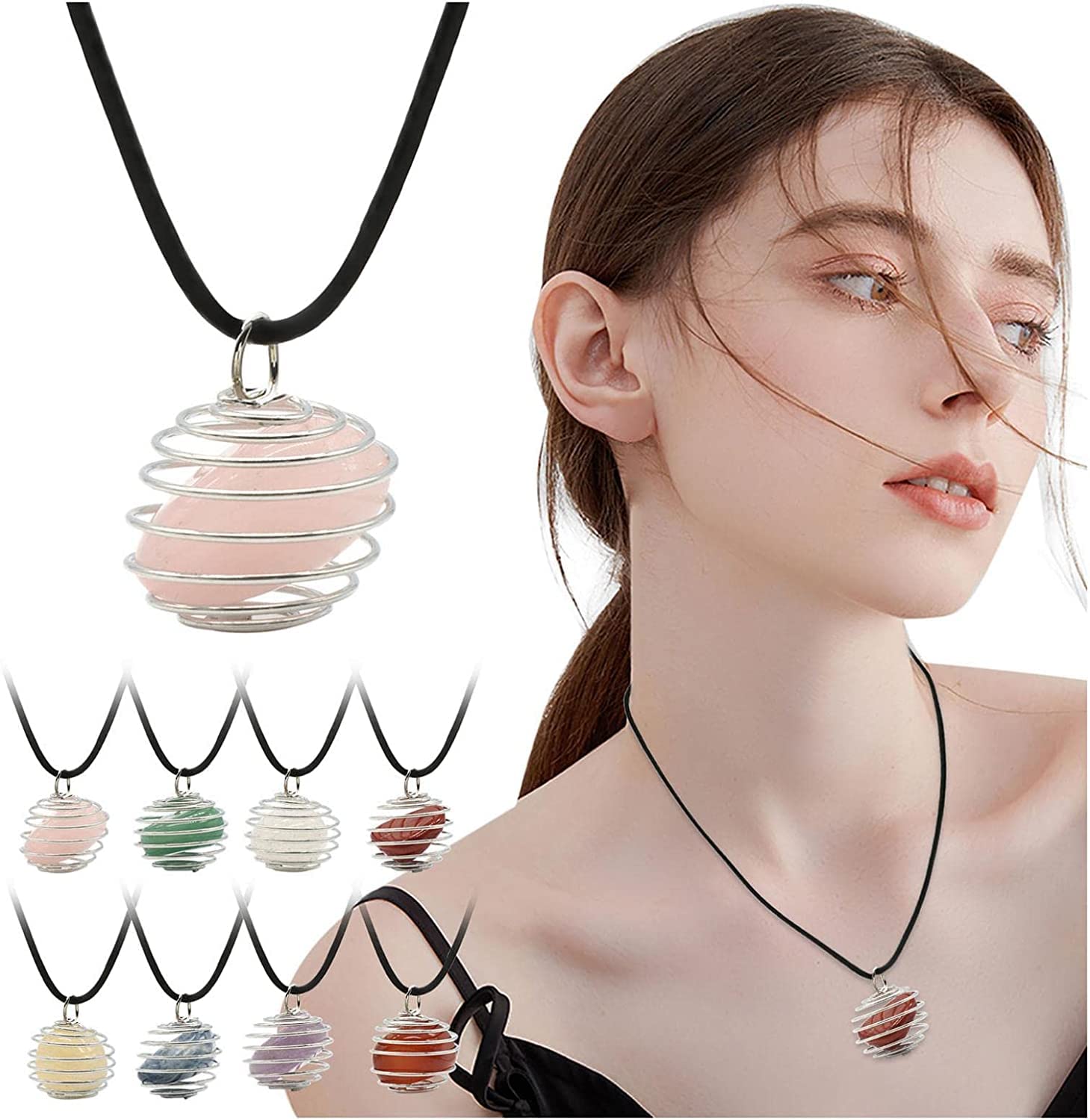 El Regalo 1 PC Healing Crystal Chakra Stone Necklace Gemstone Beads Round Iron Spiral Bead Cage Pendants Jewelry for Girls & Women (Rose Quartz)