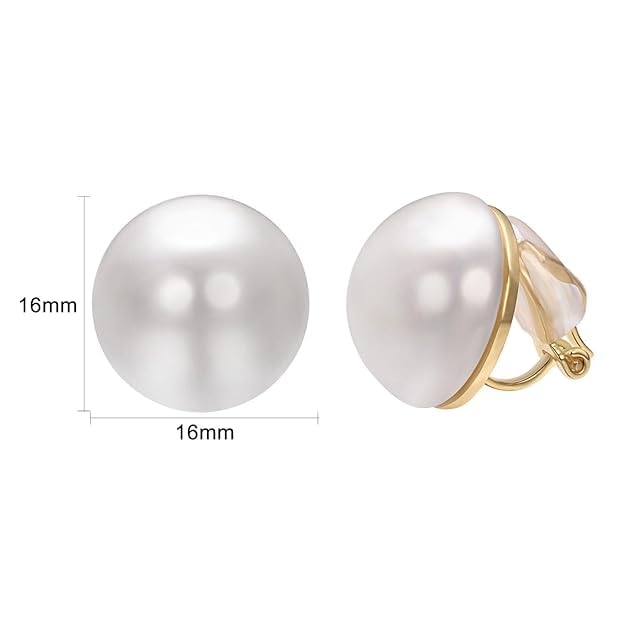 El Regalo White Large Pearl Clip on Earrings for Non Pierced Ears- 18k Gold Plated Non Piercing Cuff Fashion Earrings