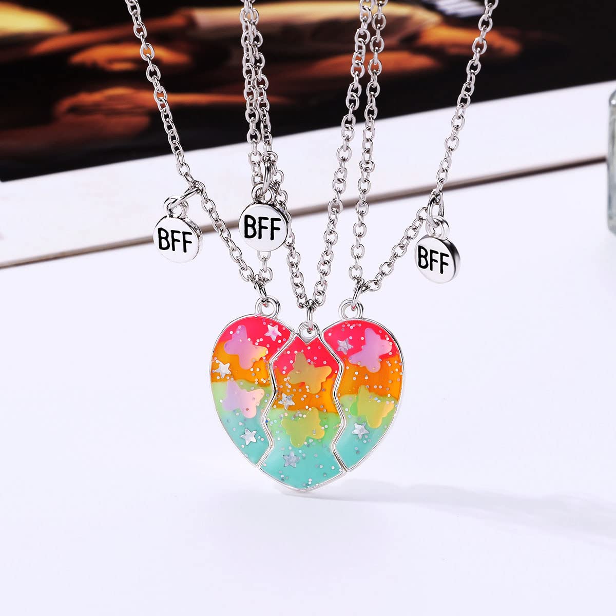 El Regalo 3 PCs BFF Best Friend Forever Split Heart Magnetic Matching Pendant Necklaces Set for Kids/Girls/Teens- Friendship Puzzle Necklaces Sets for Besties (Colorful Butterfly BFF)