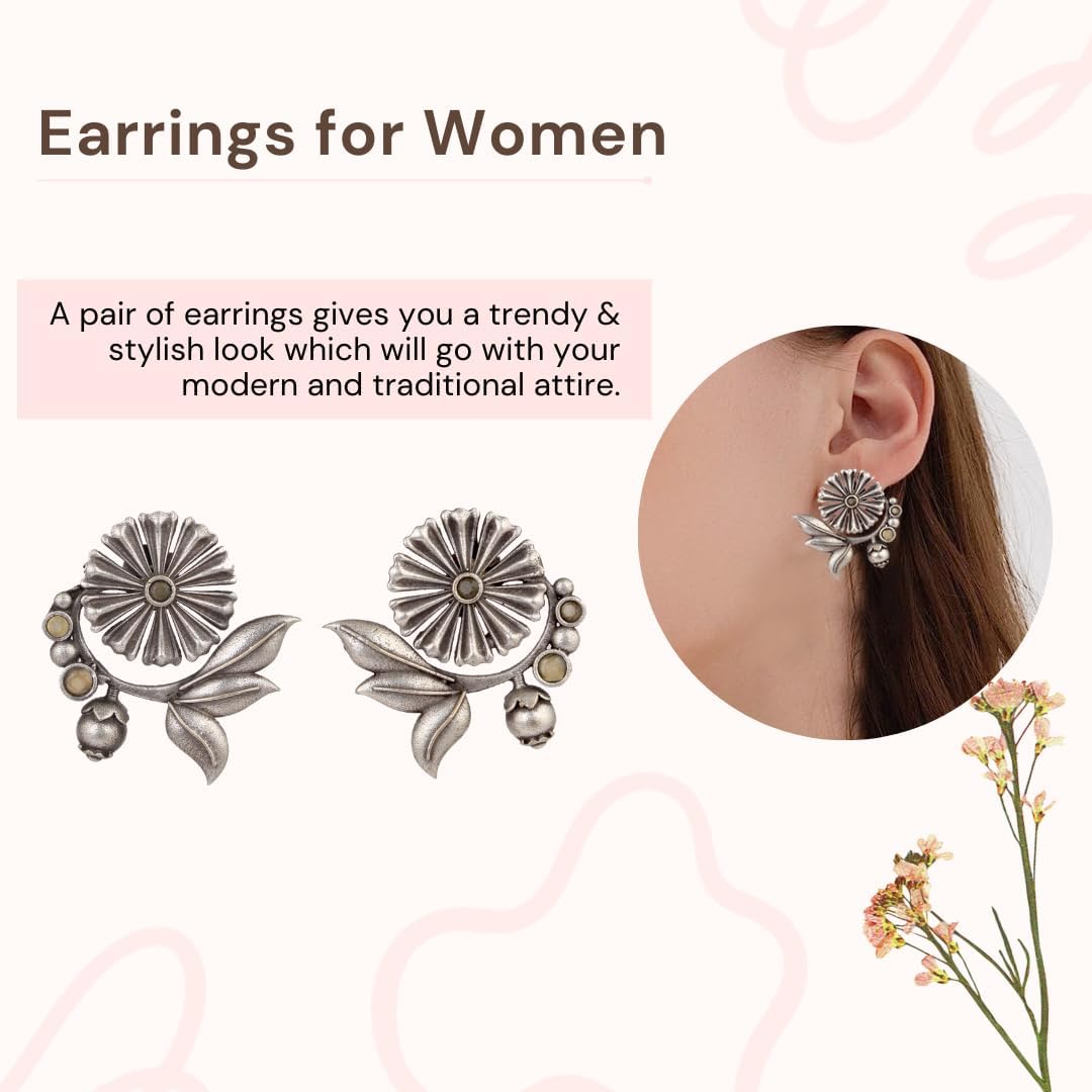 El Regalo Oxidized Brass Earrings for Women - Silver Lookalike/Silver Replica Floral Leaves Stones Statement earrings for Girls & Women- Handmade Earrings (Yellow)