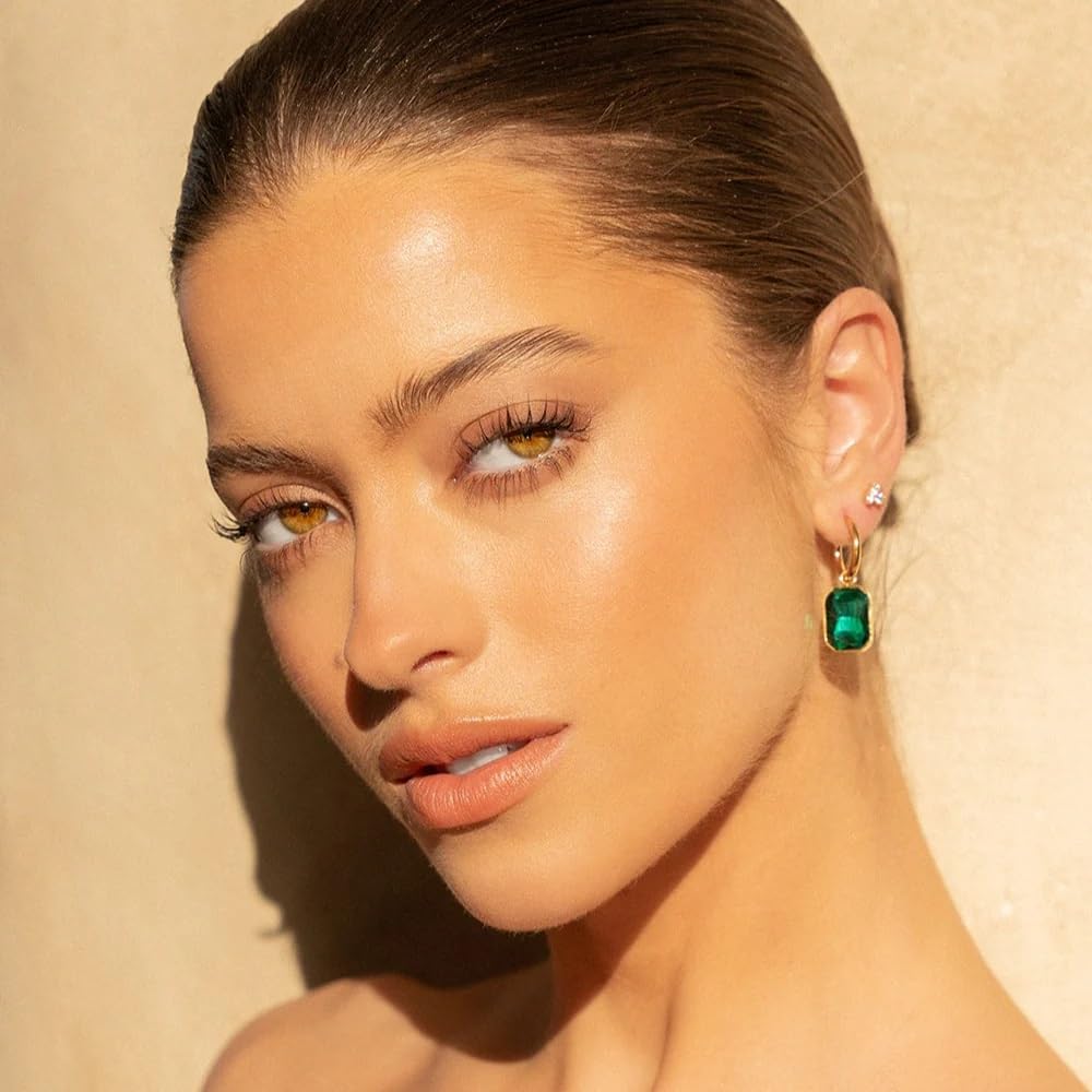 El Regalo Stainless Steel Rectangular Cut Rhinestone Hoop Earrings - Elegant 18K Gold Plated Waterproof Vintage-Inspired Cubic Zirconia Huggie Hoops for Women (Green)