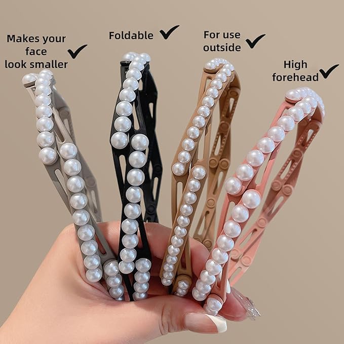 El Regalo 4pcs Stretchable Foldable Pearl Headband for Women & Girls - Elegant Anti-Slip Hairband for Long & Short Hair, Portable Retractable Hair Accessory for Travel & Everyday Wear