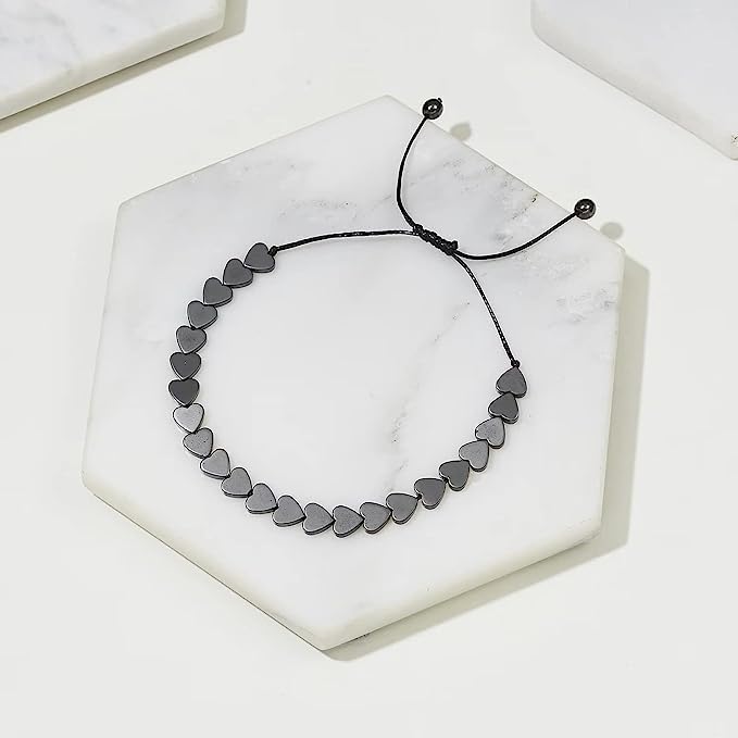 El Regalo Hematite Fine Beads Bracelet Rakhi for Brother- Polished Hematite Therapeutic Energy Healing Beads Rakhi with Roli Chawal, Message Card in Rakhi Gift Box for Bhai (Hearts)