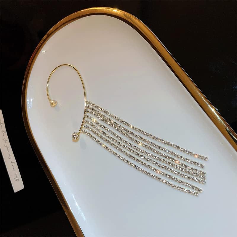 El Regalo 1 Pair Shining Long Tassel Earcuff Climber Earring- Contemporary Ear Cuff Wrap, No Piercing Ear Climber Earring for Girls & Women (Golden)