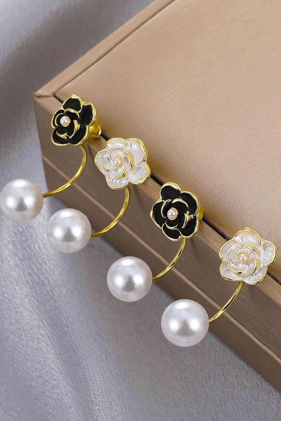 El Regalo 1 Pair Luxury Black & White Camellia Oil Drop Flower Pearl Cuff Earrings for Girls & Women - Retro Elegant Flower Stud Earring (Black)